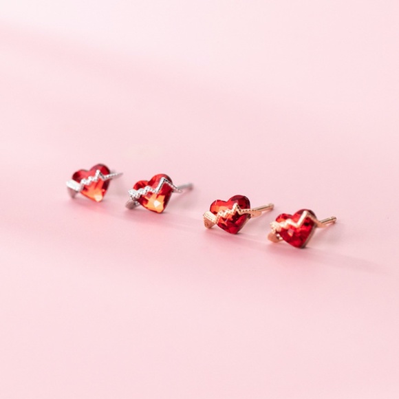 Sterling Silver Valentine Heart Earrings - Rose Gold Red Rhinestone Heart Studs - Picture 5 of 5